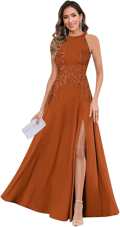 GUKARLEED Halter Lace Appliques Mother of The Bride Dresses for Women Long A-line Formal Wedding Guest Dress with Slit