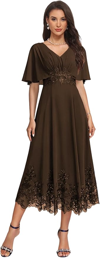 Tea Length Mother of The Bride Dress with Sleeves Laces Formal Evening Gowns for Wedding V Neck Wedding Guest Gown ZMX37