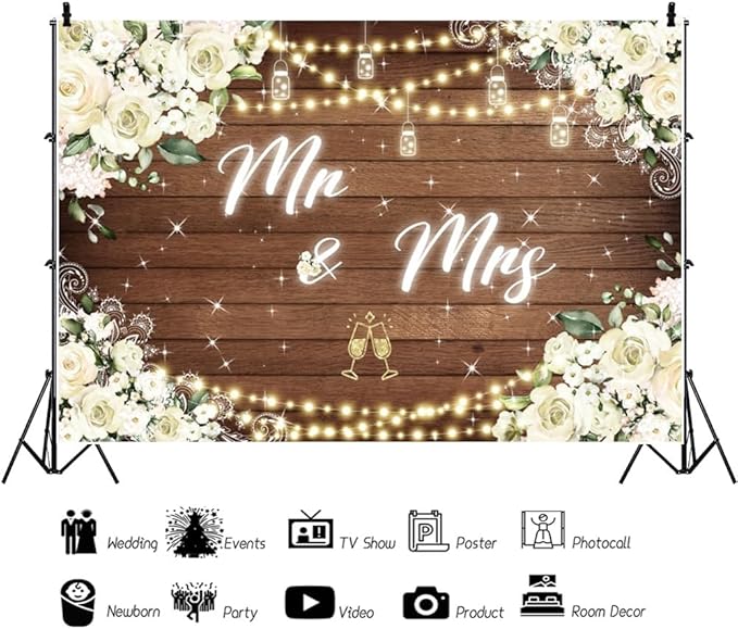 15x10ft Mr and Mrs Floral Backdrop for Bridal Shower White Flowers Photography Background Couple Wedding Party Decorations Bride Engagement Banner Props