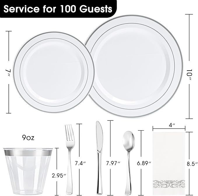 N9R 700PCS Silver Disposable Dinnerware Set for 100 Guests, White Plastic Plates with Silver Rim, Include 100 Dinner & Dessert Plates, Plastic Silverware Set, Cups, Napkins for Party and Wedding