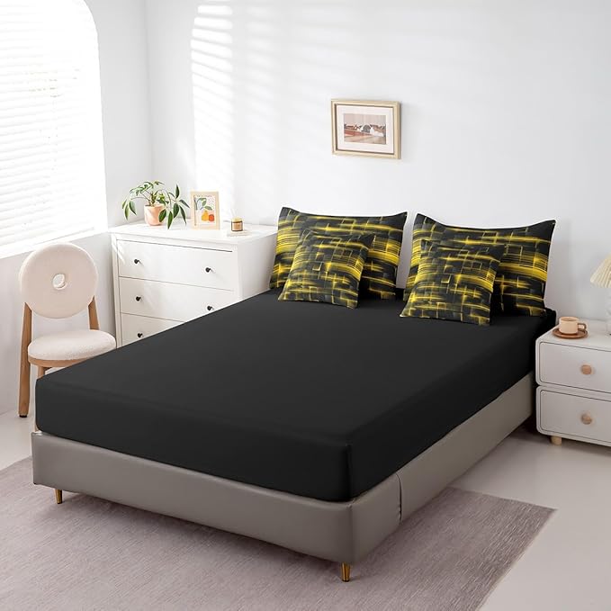Feelyou Yellow Black Bedding Set Full Size Boys Girls Geometric Strip Lines Comforter Set with Sheets 7 Piece for Bed in a Bag Abstract Modern Bed Set with Comforter,Sheets,Pillowcases