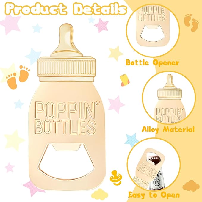 50 PCS Golden Baby Bottle Openers for Baby Shower Favors Gifts,Poppin Bottle Baby Shower,Bottle Opener for Guests Gender Reveal Party Favors Souvenirs Decorations