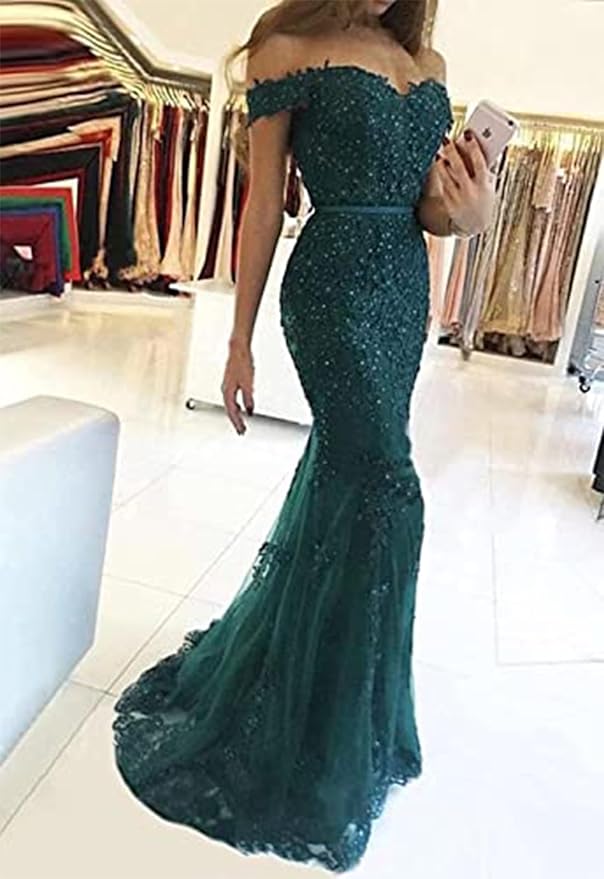Tulle Long Prom Dresses Off The Shoulder Mermaid Dress with Elegant Laces Appliques Formal Evening Party Gowns