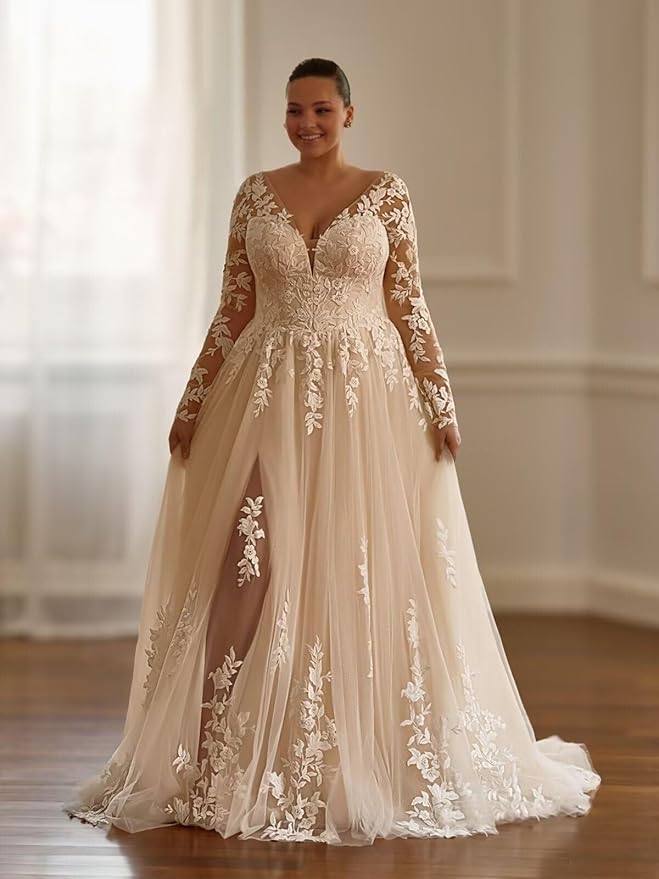 Plus Size Wedding Dresses for Bride Long Sleeve Wedding Bridal Gowns with Lace Appliques Off Shoulder Bride Dress
