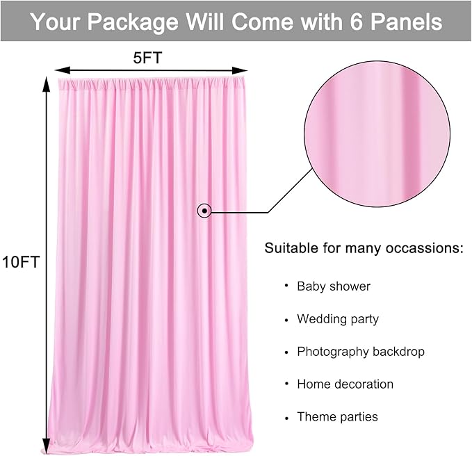 30 ft x 10 ft Wrinkle Free Baby Pink Backdrop Curtain for Parties, 6 Panels 5ftx10ft Thick Polyester Photo Backdrop Drapes for Baby Shower Birthday Party Photography Wedding Backdrop Stand