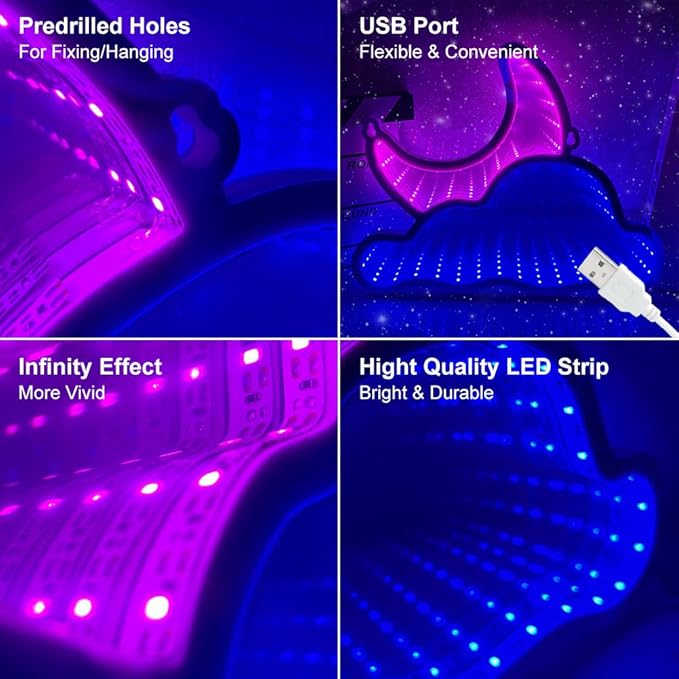 Infinity Mirror LED Neon Sign Wall Decor – Cloud & Moon 3D Light for Bedroom, Game Room, Living Room, USB Powered Aesthetic Night Lamp, Blue Pink Ambient Neon Wall Art, Layered Acrylic PET Design 12"x9"