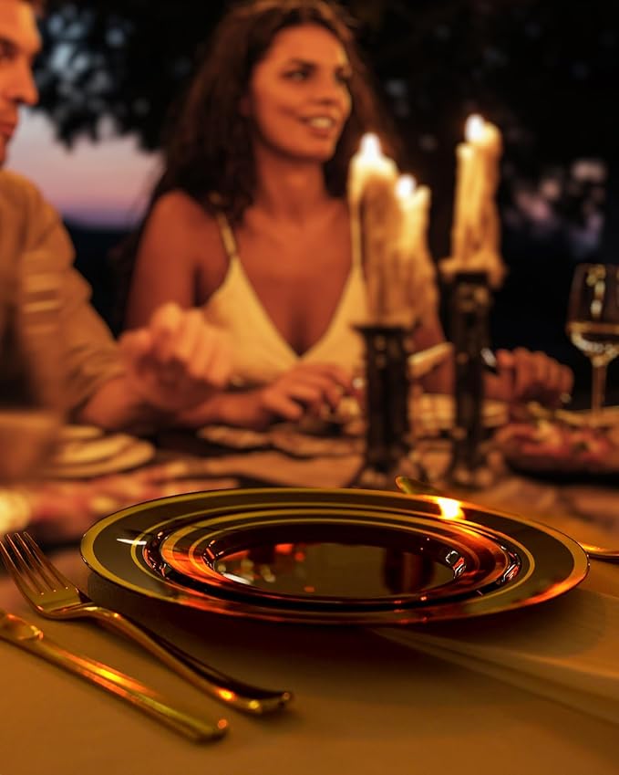 BESTSTAR 200PCS Black Plastic Plates Set with Gold Rim, 100 10.25 inch Dinner Plates and 100 7.5 inch Dessert Plates, Premium Disposable Plates forfor Party, Wedding, Holiday,And Halloween