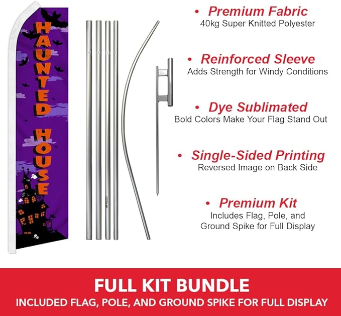 Haunted House Swooper Advertising Flag & Pole Kit - Perfect for Haunted Houses, Haunted Mazes, Halloween Stores, Halloween Decor, Parties, Events