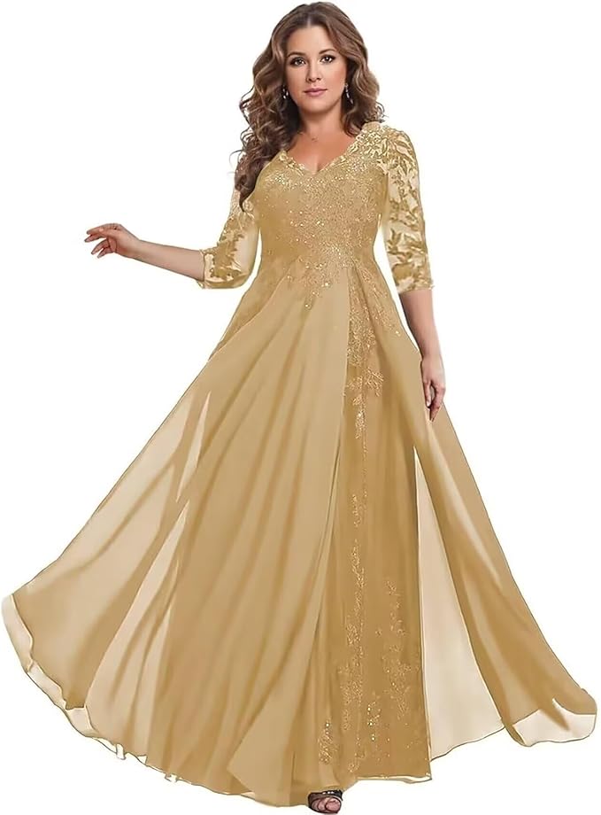 Long Sleeve Mother of The Bride Dress for Wedding Chiffon Lace Applique Formal Gowns BOF163