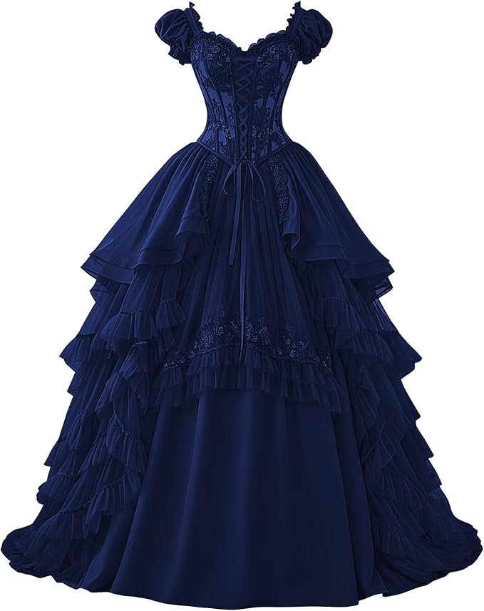 Ftupza Gothic Wedding Dresses Lace Appliques 1800s Victorian Dresses for Women Layered Tulle Prom Dress Long Ball Gown