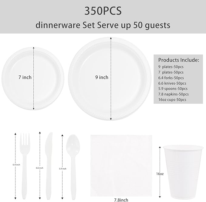 MirthMood 350PCS White Disposable Plates, Round Solid Color Disposable Plates for Party, including 50 Dinner Plates,50 Dessert Plates,50 White Silverware,50 Napkins and 50 16OZ Cups
