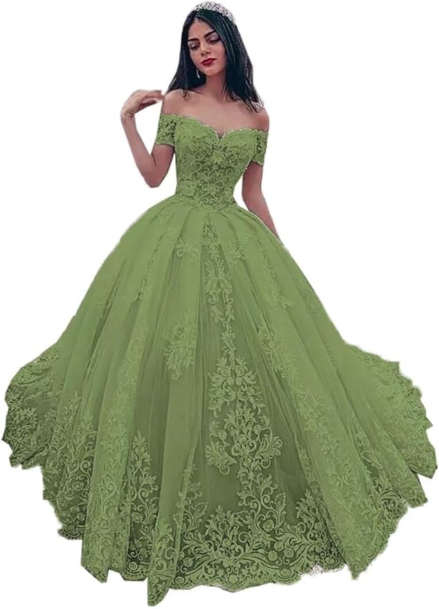 TRHTX Off Shoulder Lace Wedding Dresses for Bride Appliques Bridal Gowns for Women A-line Wedding Gowns with Train