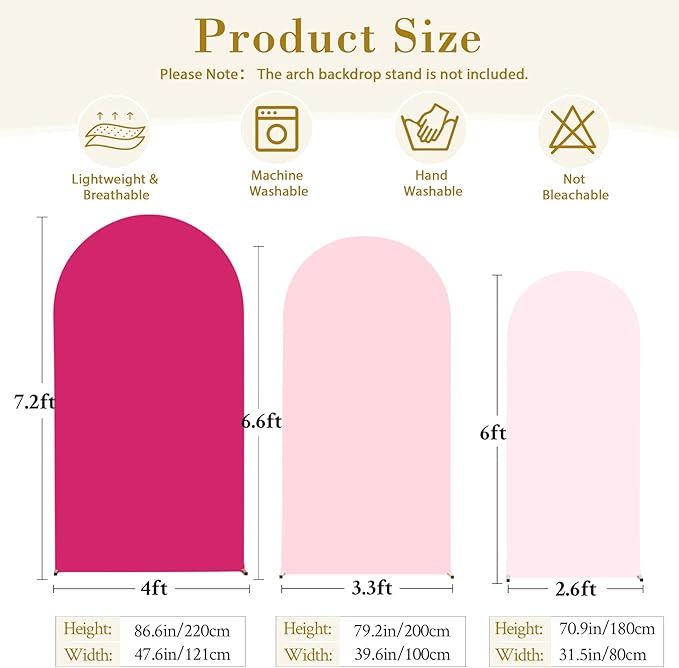 Pink and Hot Pink Arch Cover 3 Set-7.2FT, 6.6FT, 6FT Arch Backdrop Cover Spandex Fitted 2- Color Fabric Stand Covers for Baby Shower Girls Birthday Party Wedding Photo Background Decorations