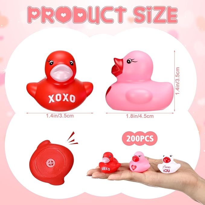 200 Pcs Valentine's Day Rubber Duck Heart XOXO Valentines Duck 1.4 Inch Pink Red White Float Toys for Party Favors Prizes Exchange Gifts Goodie Bag Fillers, 3 Styles