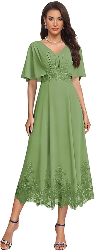 Tea Length Mother of The Bride Dress with Sleeves Laces Formal Evening Gowns for Wedding V Neck Wedding Guest Gown ZMX37