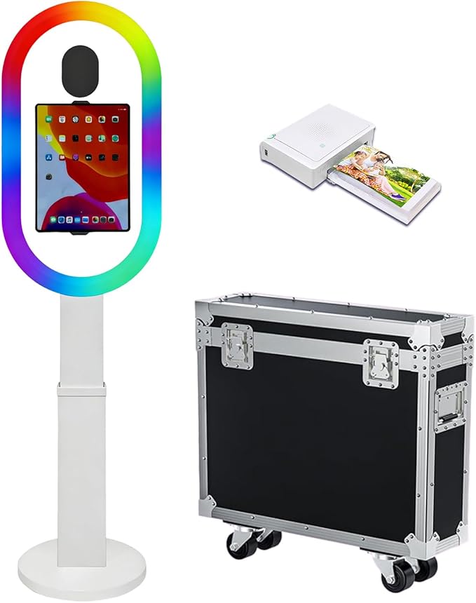 Photo Booth Shell Compatible with iPad Tablet 10.2'' 10.5’’ 10.9'' 11'' 12.9'' 13'' Selfie Protable iPad Photo Booth Machine with Flight Case for Parties Wedding Rental (White, Machine+Printer)