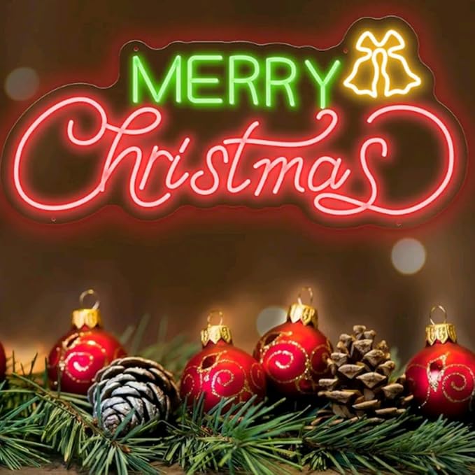 Custom LED Neon 'Merry Christmas' Sign, Night Light Wall Home Decor, Xmas Gift Size: 20x9inches