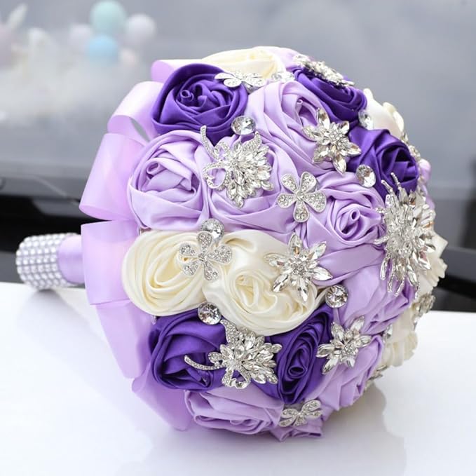 Handmade Wedding Bridal Bouquet with Luxury Silver Rhinestone Brooch for Bride Bridesmaid Quinceanera Satin Rose Flower Wedding Bouquet Purple Lavender and Ivory 7.5in
