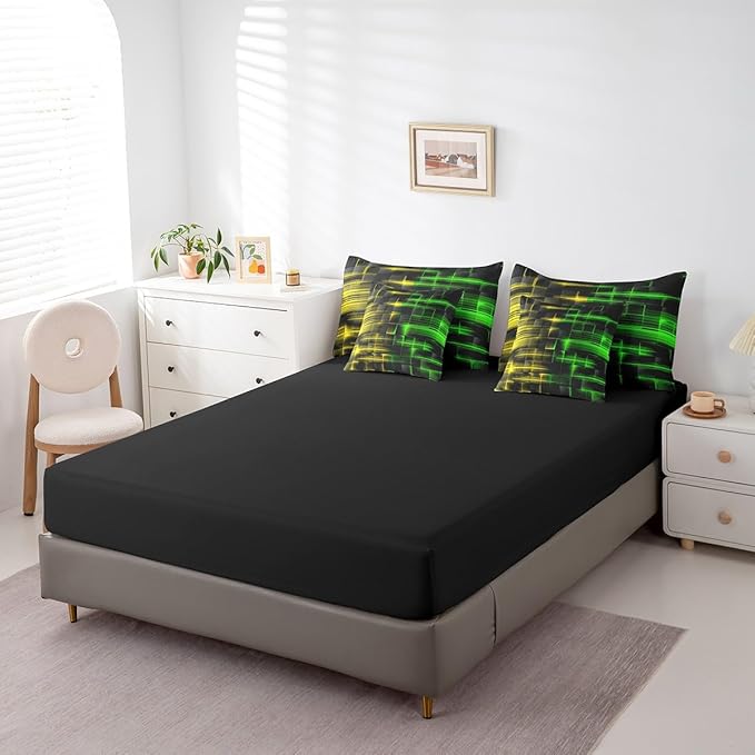 Feelyou Green and Yellow Comforter Set with Sheets 7 Piece Twin Size Kids Geometric Bed in a Bag Strip Lines Bedding Set Abstract Art Bed Set with Comforter, Sheets,Cushion Covers