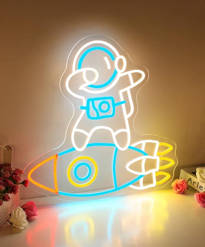 Astronauts & Rockets Neon Sign, Dimmable Spaceman LED Neon Light for Wall Decor Space Room Decor for Gifts for Teen Kids, Man Cave,Game Room
