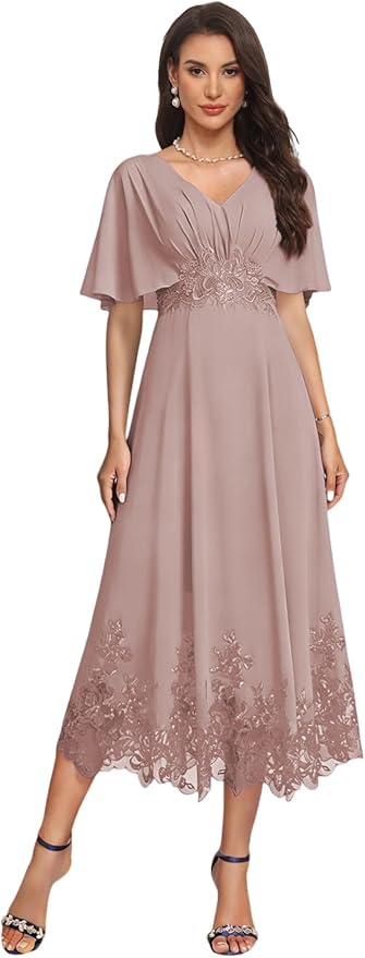 Tea Length Mother of The Bride Dress with Sleeves Laces Formal Evening Gowns for Wedding V Neck Wedding Guest Gown ZMX37