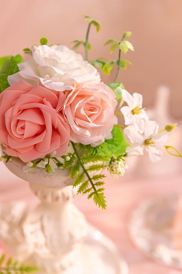 TINGE TIME 3Pcs Pre-made Cake Toppers，Silk Artificial Flowers Decor，Cake Decorations for Weddings, Birthdays, Party,Baby Shower,Celebration (PeachPink&White)