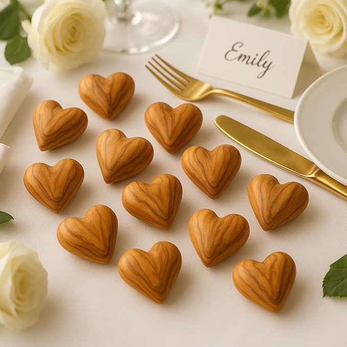 Zuluf Set of 10 Olive Wood Hearts 1.7 x 1.5 Bulk Pack Hand Carved Wooden Hearts Wedding Favors Party Pack Valentine Bowl Filler Rustic Home Decorations Handmade in Bethlehem w/Certificate
