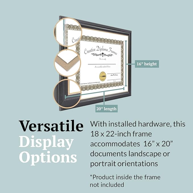 Creative Picture Frames 16" x 20" Rockefeller Black with Gold Rim Diploma Frame, Displays 16" x 20" Certificate or 18" x 22" Document without Mat, College Degree Frame, Full-Strength Glass, White Mat