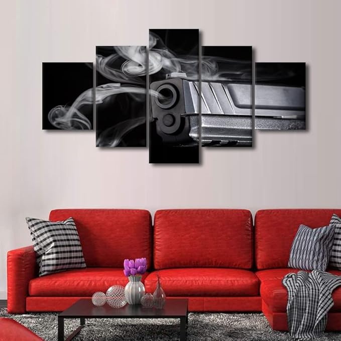 5 Pieces Canvas Prints Wall Art - Gun Canvas Wall Art Gun Fire Smoke Painting Picture Artwork/Modern Wall Decor/Home Decoration Stretched Gallery Canvas Wrap Giclee Print & Ready to Hang 60x32 in