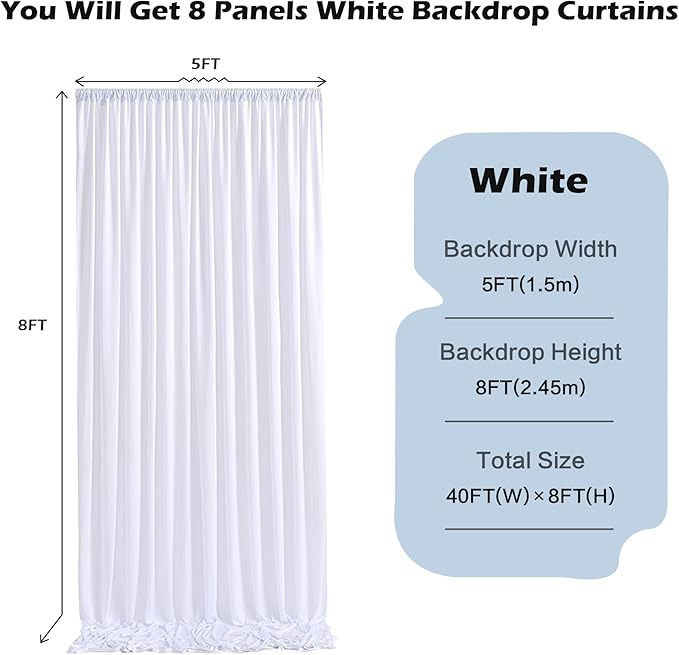 40ftx8ft White Wrinkle Free Backdrop Curtains for Parties, 8 Panels 5×8ft Silky Soft Polyester Wedding Drapes for Backdrop Decor Birthday Party Baby Shower Photo Photography Background Curtain