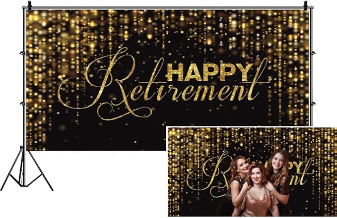 15x8ft Happy Retirement Photography Backdrop Luxury Black and Gold Party Backdrop Background Gold Glitter Celebrate Retirement Party Decorations Wallpaper Studio Props Bokeh Banner Supplies