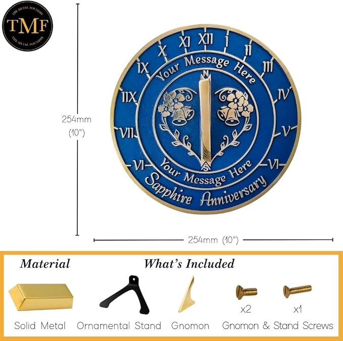 The Metal Foundry Personalized Sapphire 45th Large Sundial - Recycled Brass Home Decor Or Garden Present Idea Made in The UK for Parents, Grandparents, Friends, Couples 45 Yr Marriage