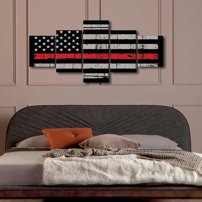 5 Panels American Flag Wall Art Pictures for Home Decor Black White and Red US Flag Painting on Canvas Poster Print Artwork Modern Framed Living Room Decorative Framed Ready to Hang 50" Wx24 H