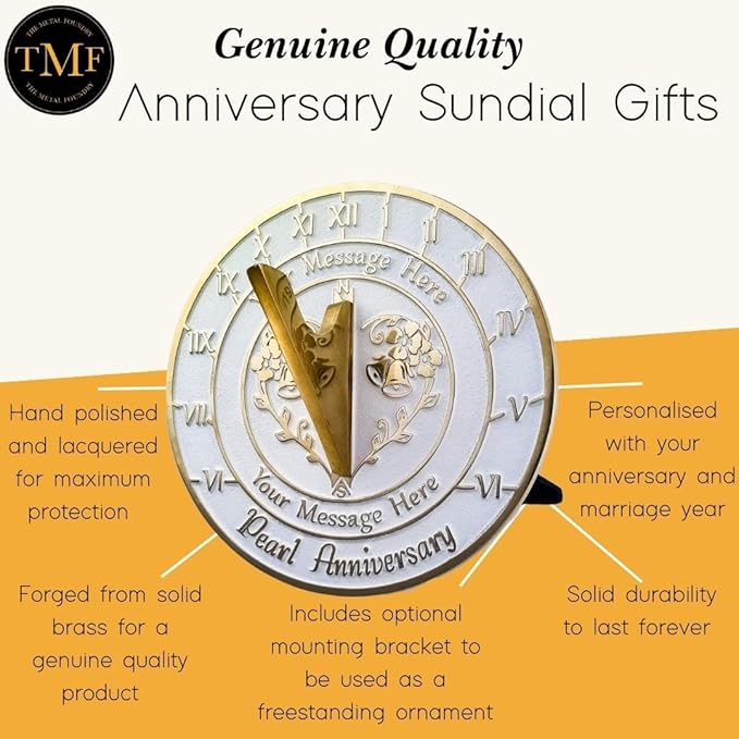 The Metal Foundry Personalized Pearl 30th Large Sundial - Recycled Brass Home Decor Or Garden Present Idea Made in The UK for Parents, Grandparents, Friends, Couples 30 Years Marriage