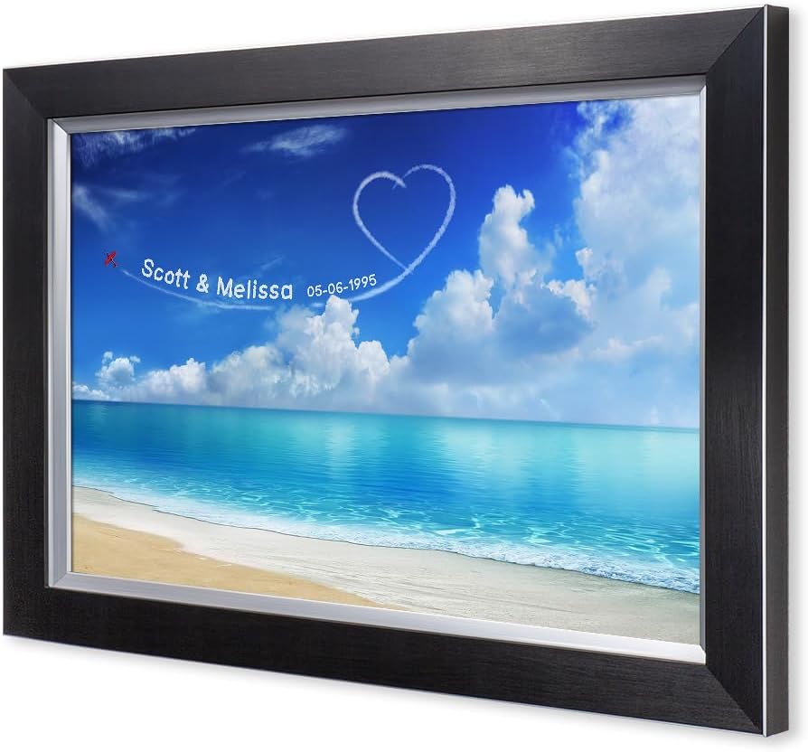 IPIC - Seaside Skywriting Personalized Artwork with Names and Date on, Customized Gift for Anniversary,Wedding,Birthday and Holidays. Framed Size: 21x15