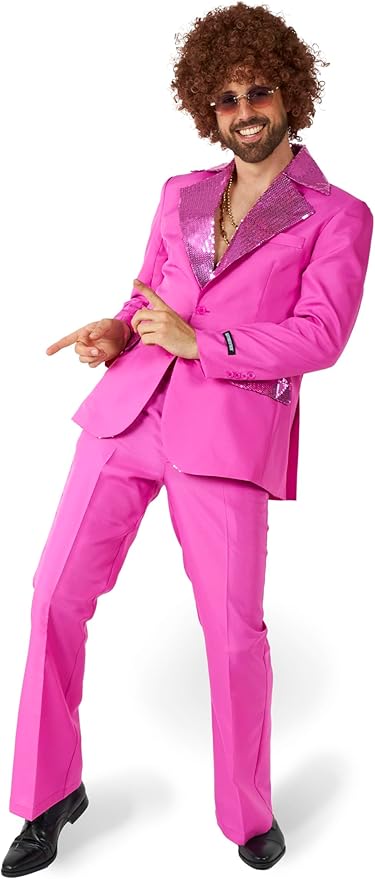 Suitmeister Men's Disco Costume Suit - Saturday Night Fever Outfit - Slim Fit - Including Blazer and Flare Pants - Pink
