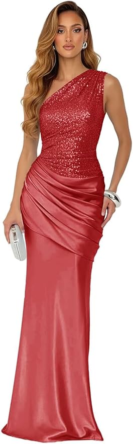 Sparkly Sequins Mermaid Prom Dress 2026 for Women Long Satin One Shoulder Asymmetrical Pleated Formal Evening Gown