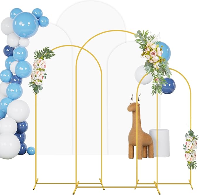 Metal Arch Stand and Cover Set 7.2FT 6.6FT 6FT Balloon Wedding Arch Stand with White Spandex Wedding Arch Cover Set of 3 Gold Arch Stand Frame for Birthday Party Reception Decor