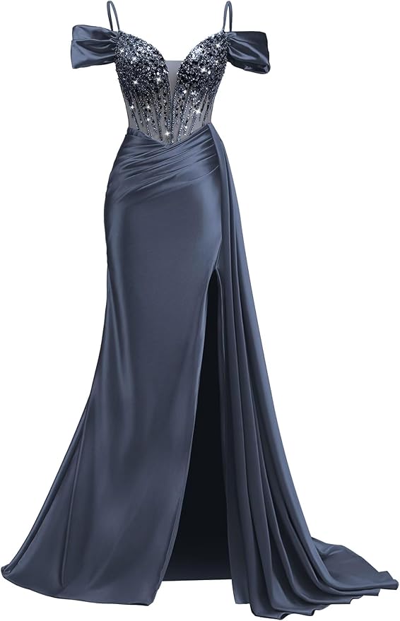 Rjer Off The Shoulder Satin Prom Dresses Long with Slit Tail 2026 Sequin Beaded Pleated Evening Ball Gown for Women Formal