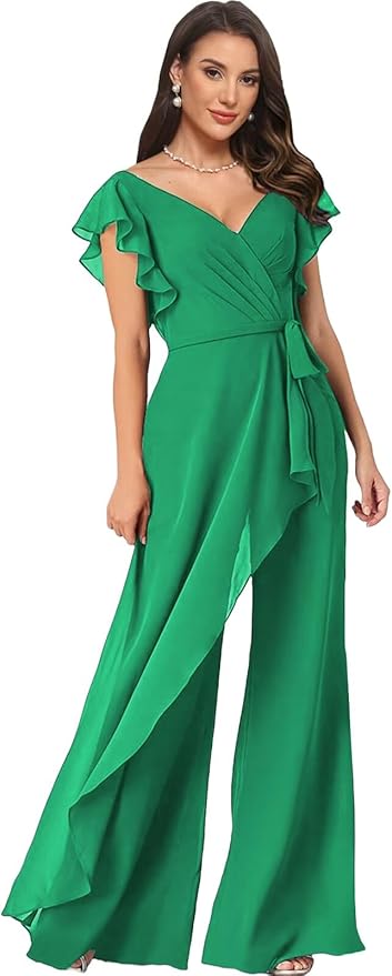 Chiffon Mother of The Bride Jumpsuits for Women Asymmetrical Pant Suits Flutter Sleeve V Neck Formal Evening Outfits
