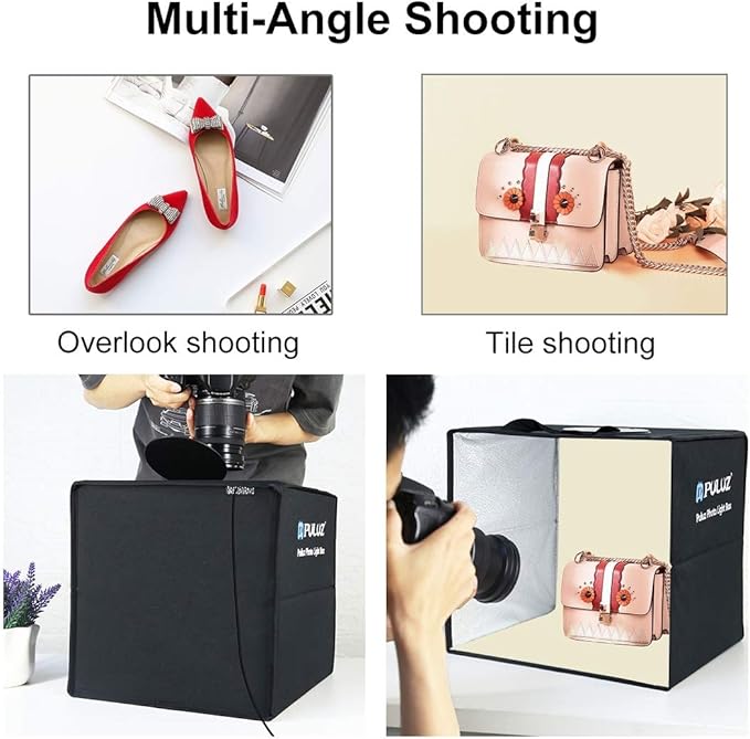 PULUZ 16"/40cm Foldable Portable Photo Studio Light Box, Adjustable Brightness Light Box Photography Lighting Shooting Tent Kit, with LED Lights and 12 Colors Backdrop