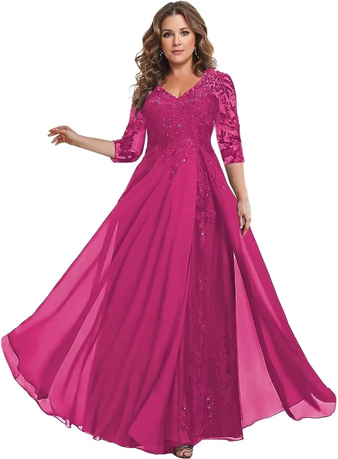 Long Sleeve Mother of The Bride Dress for Wedding Chiffon Lace Applique Formal Gowns BOF163