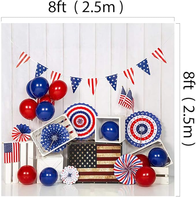Kate 8x8ft American Flag Backdrops for Photography Independence Day Banner Background White Wood Wall Backgrounds Colorful Balloons Backdrop