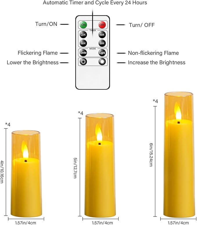Small Flickering Flameless Candles, Battery Operated Acrylic LED Pillar Candles with Remote Control and Timer, Pack of 12,(D1.6 xH 4" 5" 6") for Holiday Decorations Home Decorations (Gold)