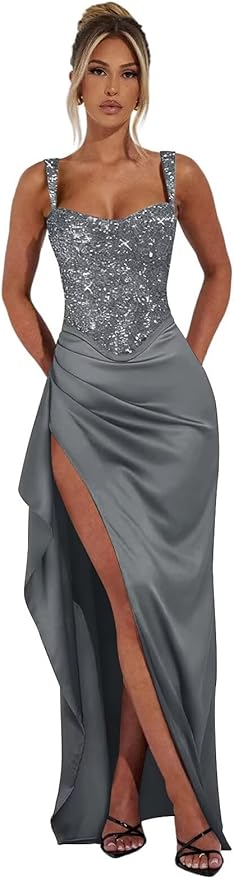 Basgute Sparkly Sequin Prom Dresses for Women 2026 Mermaid Corset Long Slit Ball Gown Formal Evening Party Dress