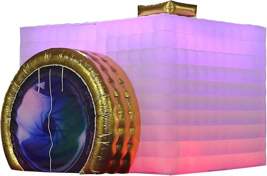 SAYOK Inflatable Photo Booth with Lights, Portable Camera Shaped Cube Tent with Blower, 11.5x9.2x8.2ft (White/Gold), Backdrop for Wedding Events, Parties, Exhibitions
