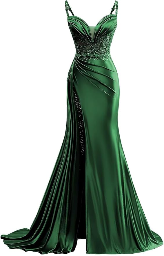 V Neck Satin Prom Dresses Long Mermaid Lace Evening Gown with Slit Pleated Bodycon Formal Dress with Tail