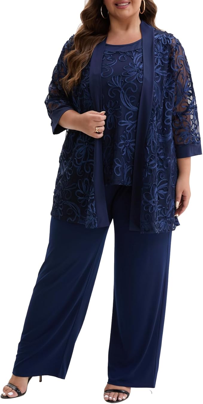 Plus Size 3 Piece Floral Embroidered Pantsuit Set Women Mother of Bride Wedding Guest Formal Evening Cocktail Party Attire