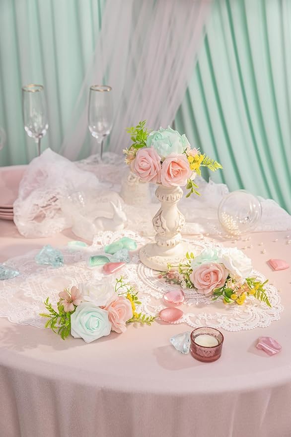 TINGE TIME 3Pcs Pre-made Cake Toppers，Silk Artificial Flowers Decor，Cake Decorations for Weddings, Birthdays, Party,Baby Shower,Celebration (Mint Green and Pink)