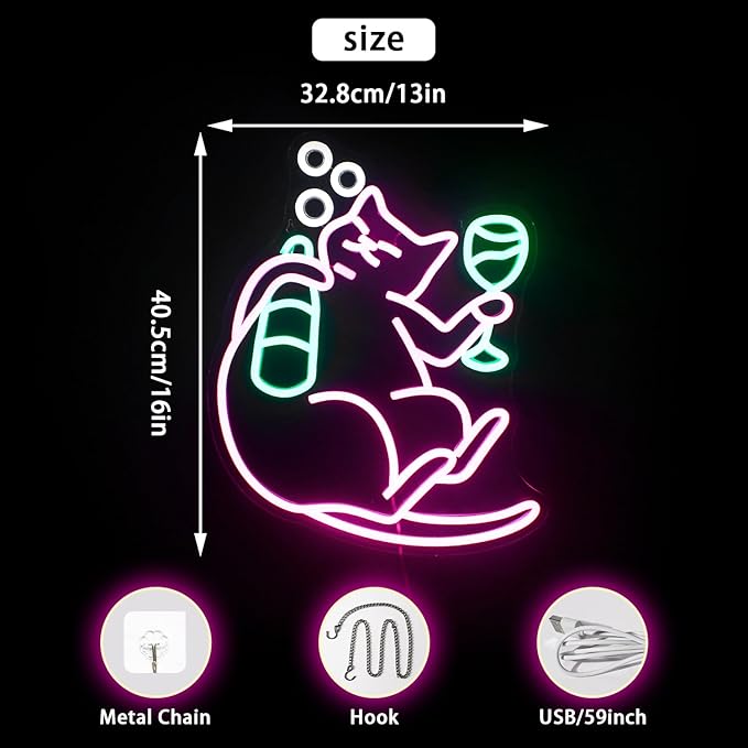 NOSUN Cat Beer Neon Sign Funny Bar Neon Signs for Wall Decor with Dimmable Cat Beer Led Sign Pink Animal Bar Light Up Signs for Bedroom Men Cave Home Birthday Party Home Decor